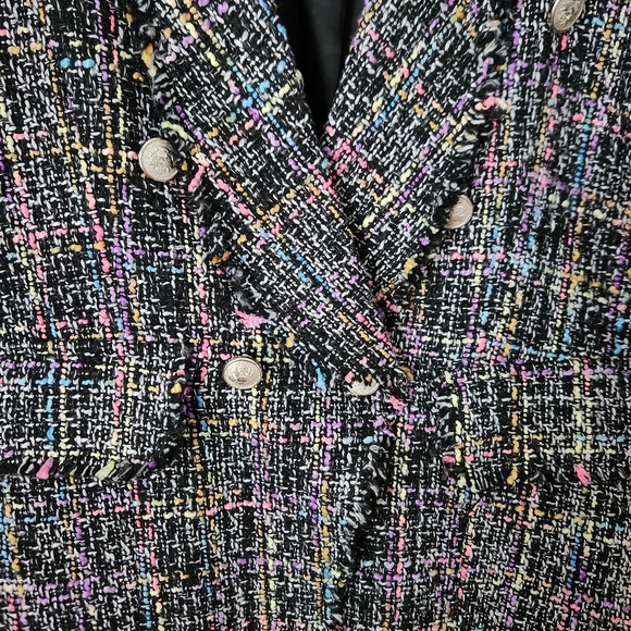 Vici | Multi Colored Fringe Raw Edge Double Breasted Tweed Blazer - Size M - Picture 3 of 11